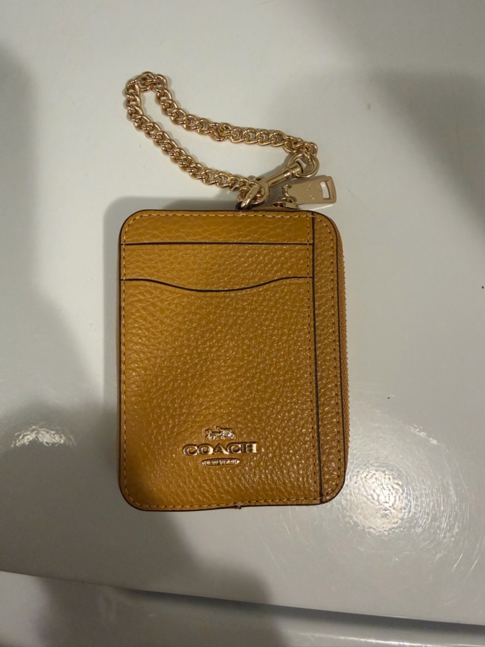 Coach Mustard Yellow Leather Card Case with Gold Chain